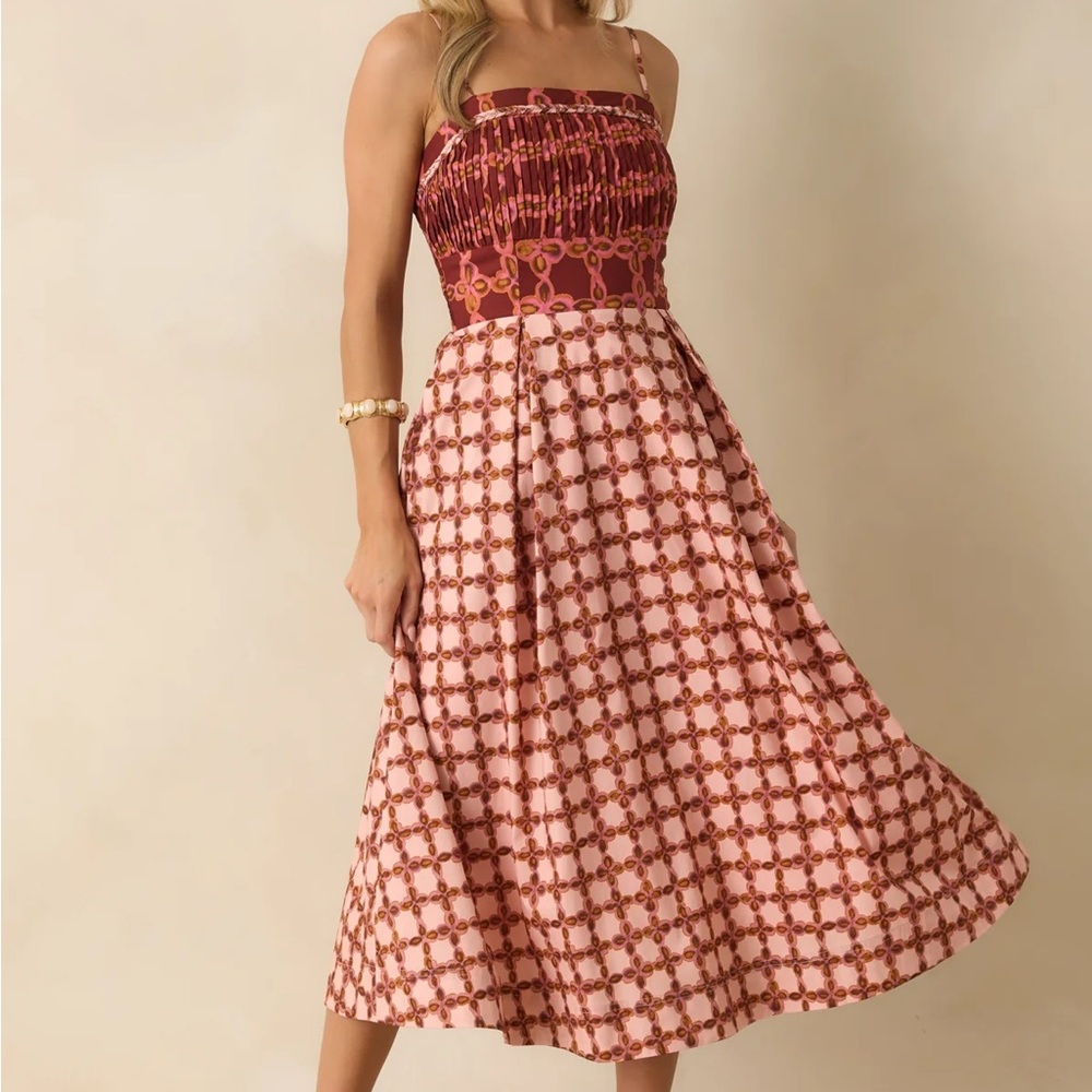 Smocked Bodice Pink Patterned Midi Dress from Red Dress - Picture 2 of 13